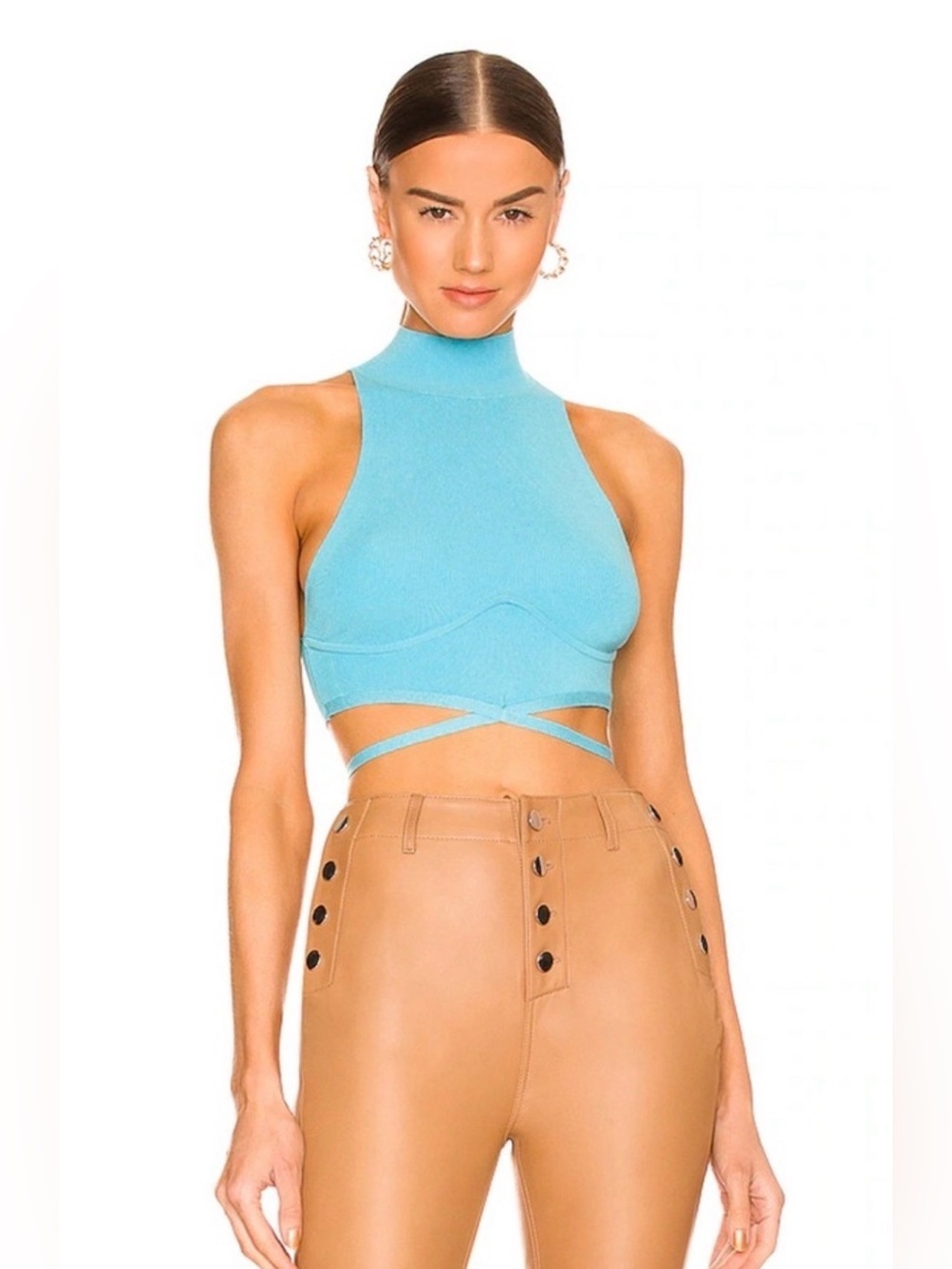Camila Coelho Aqua Blue Mock Neck Crisscross Crop Top